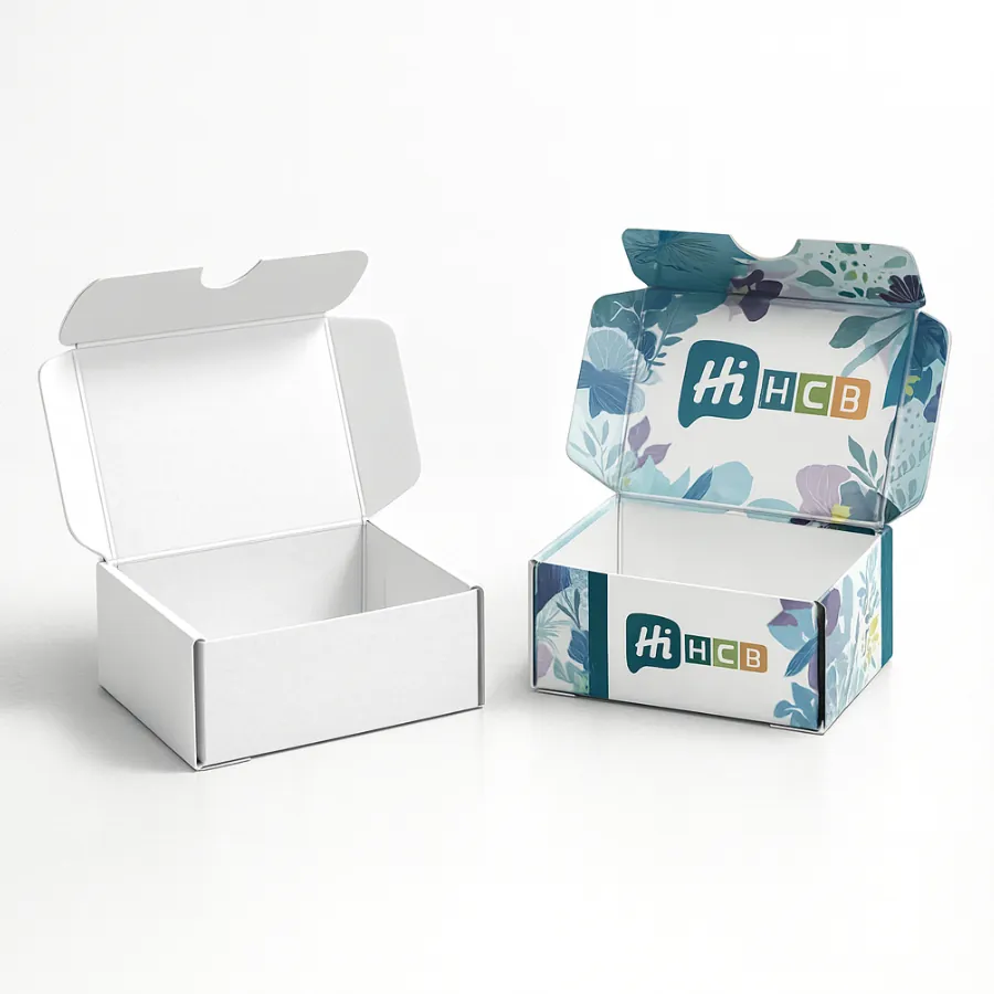 Custom square mailer boxes- one plain white- one decorated with a blue and purple floral pattern- class=